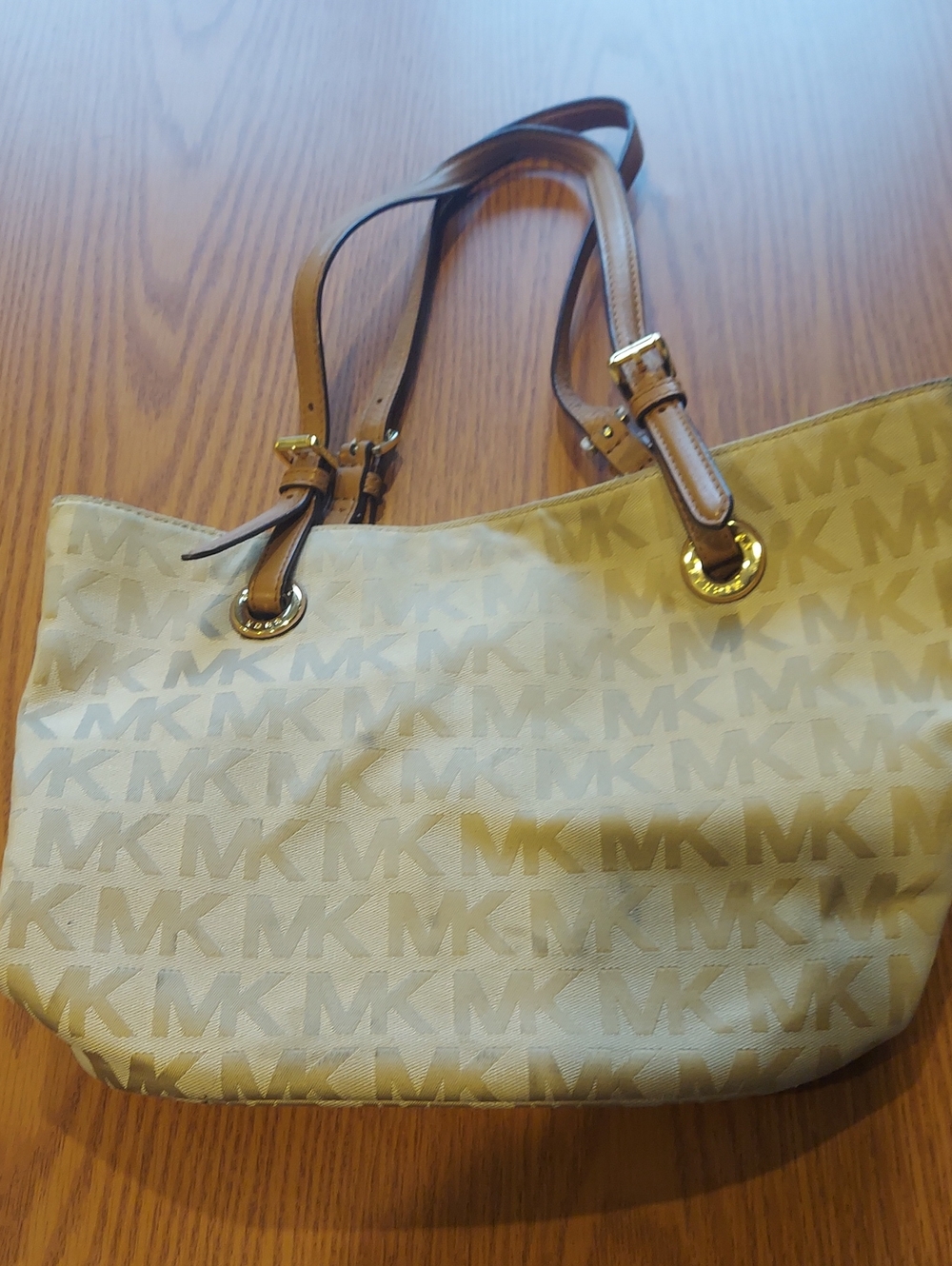 Michael Kors Beige MK Logo Canvas Tote with Tan Leather Straps